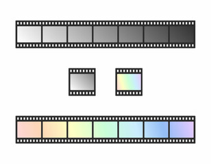 Filmstrip vector set. Cinema filmstrip, photo frame isolated on white background. Blank negative film. 35mm slide border. Vector flat illustration