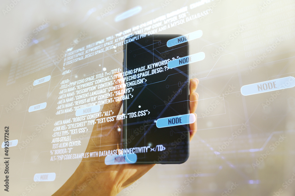 Poster multi exposure of abstract programming language hologram and hand with cellphone on background, arti