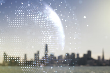 Abstract creative digital world map on blurry skyscrapers background, globalization concept....