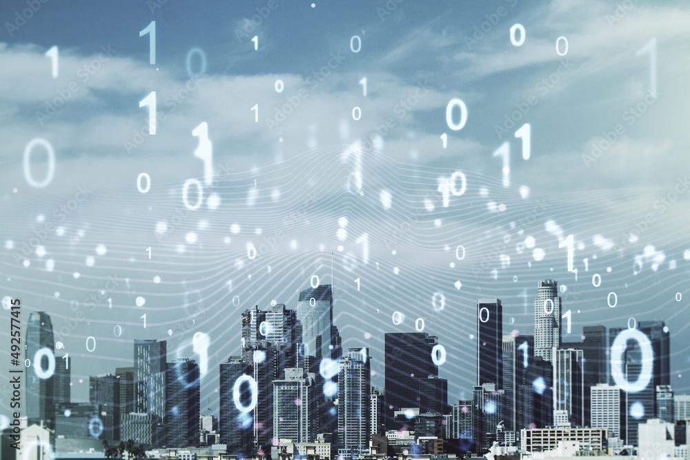Leinwandbilder abstract virtual binary code illustration on los angeles skyline background. big data and coding con