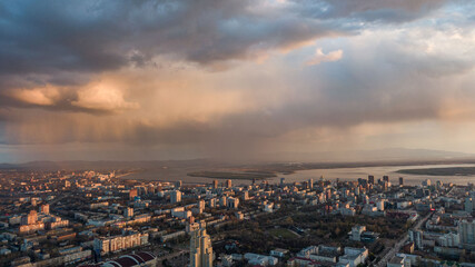 Khabarovsk city top view sunset beautiful clouds in the rain