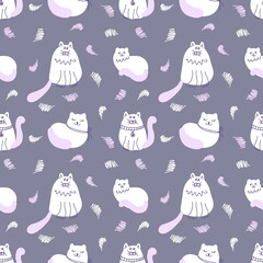 Delicate doodle seamless pattern with fat white cats. Perfect for T-shirt, textile and print. Hand drawn illustration for decor and design.
