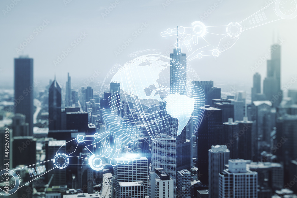 Aufkleber abstract virtual robotics technology sketch with globe on chicago office buildings background, futur