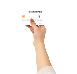 woman holding credit card on white background
