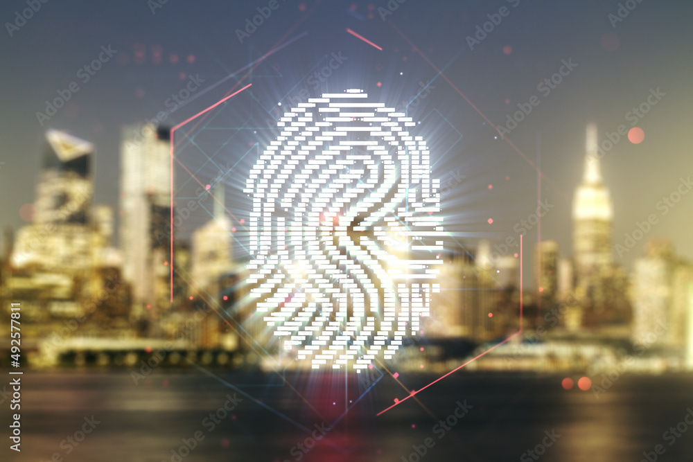 Poster multi exposure of virtual fingerprint scan interface on blurry office buildings background, digital 