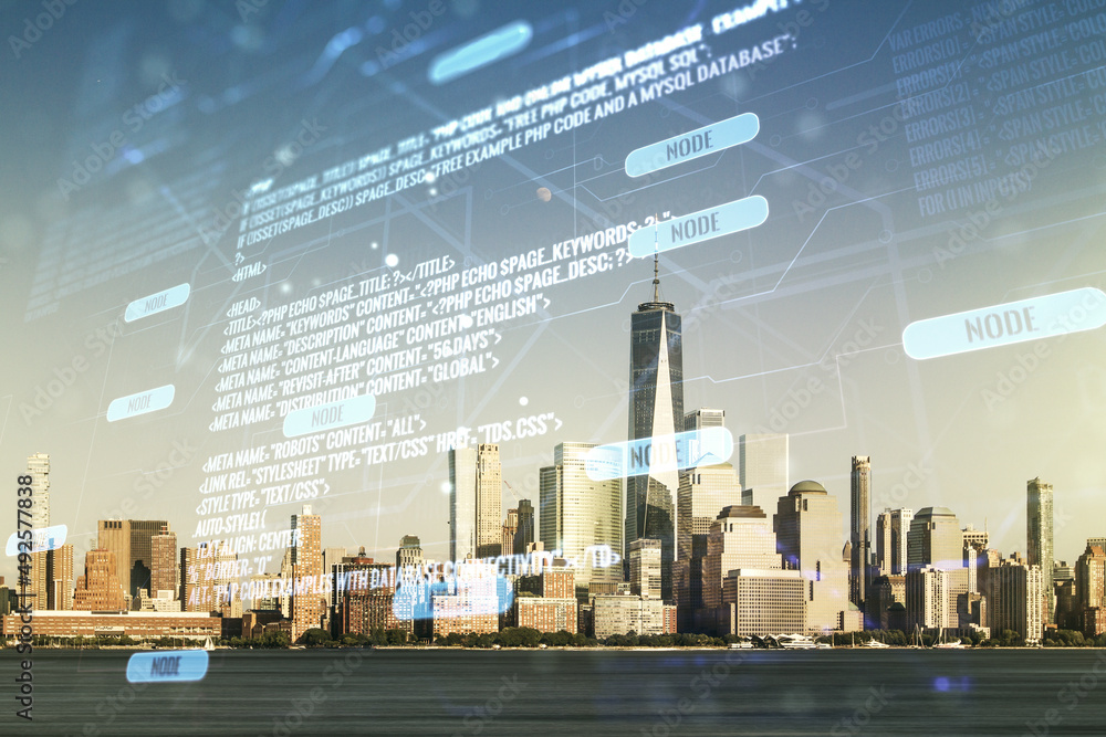 Poster multi exposure of abstract programming language hologram on manhattan office buildings background, a