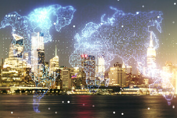 Double exposure of abstract digital world map hologram on New York city office buildings background, big data and blockchain concept