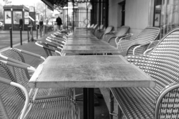 terrace of an empty Parisian restaurant, without customers. photo during the day.