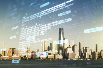 Multi exposure of abstract programming language hologram on Manhattan office buildings background, artificial intelligence and machine learning concept