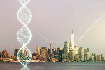 DNA hologram on Manhattan cityscape background, biotechnology and genetic concept. Multiexposure