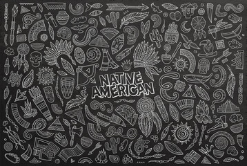 Vector hand drawn doodle cartoon set of Native American objects