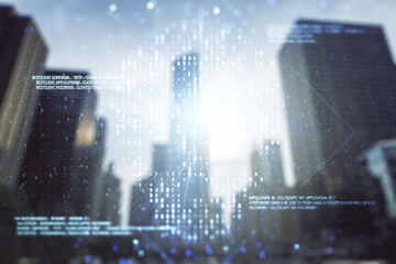 Abstract virtual code skull hologram on modern architecture background, cybercrime and hacking concept. Multiexposure