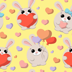 Seamless pattern with cute cartoon rabbit and heart