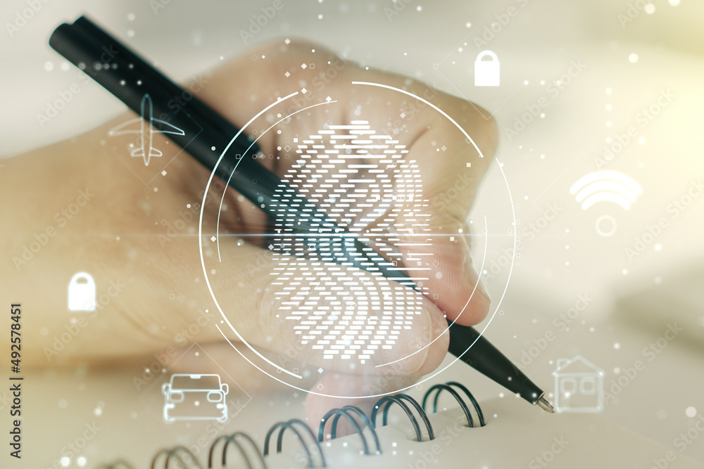 Poster double exposure of abstract creative fingerprint hologram with man hand writing in notepad on backgr