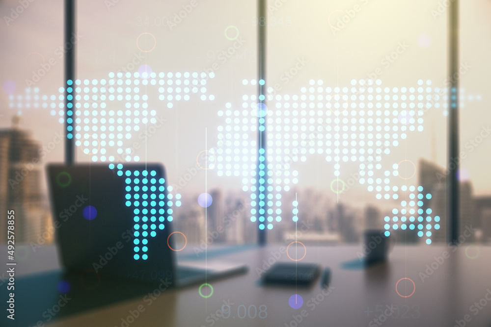 Poster multi exposure of abstract graphic world map and modern desk with computer on background, connection