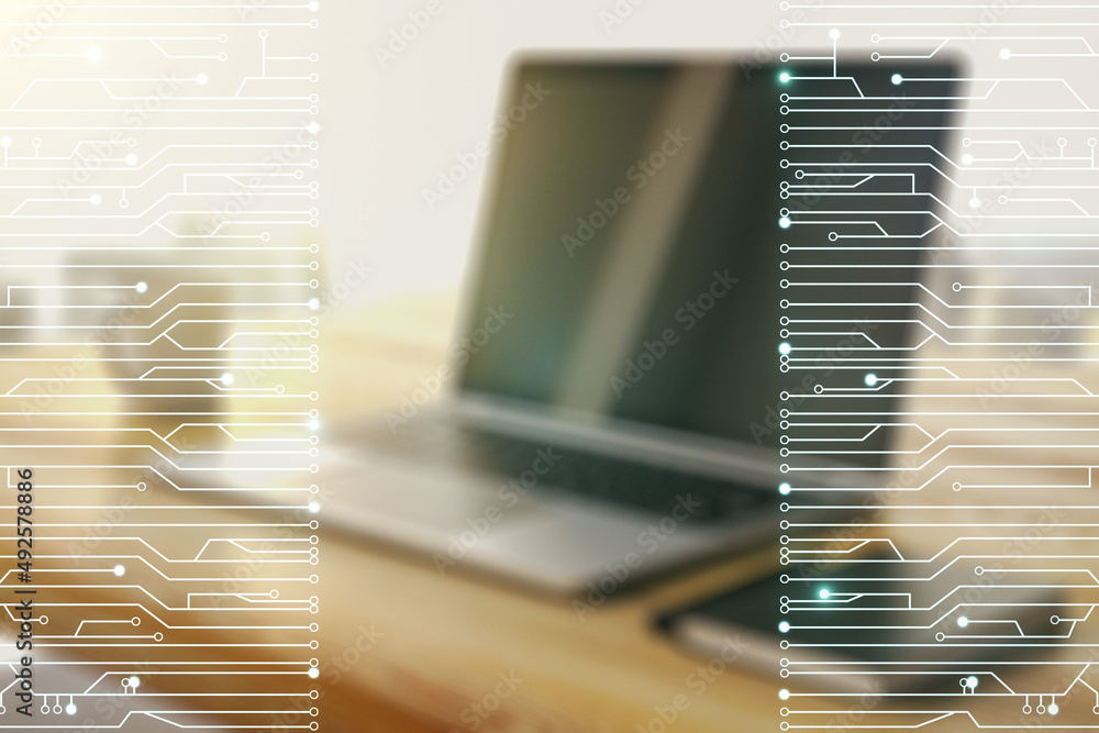 Poster double exposure of circuit hologram and modern desktop with laptop on background. research and devel