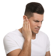 Fototapeta premium Man suffering from ear pain on white background