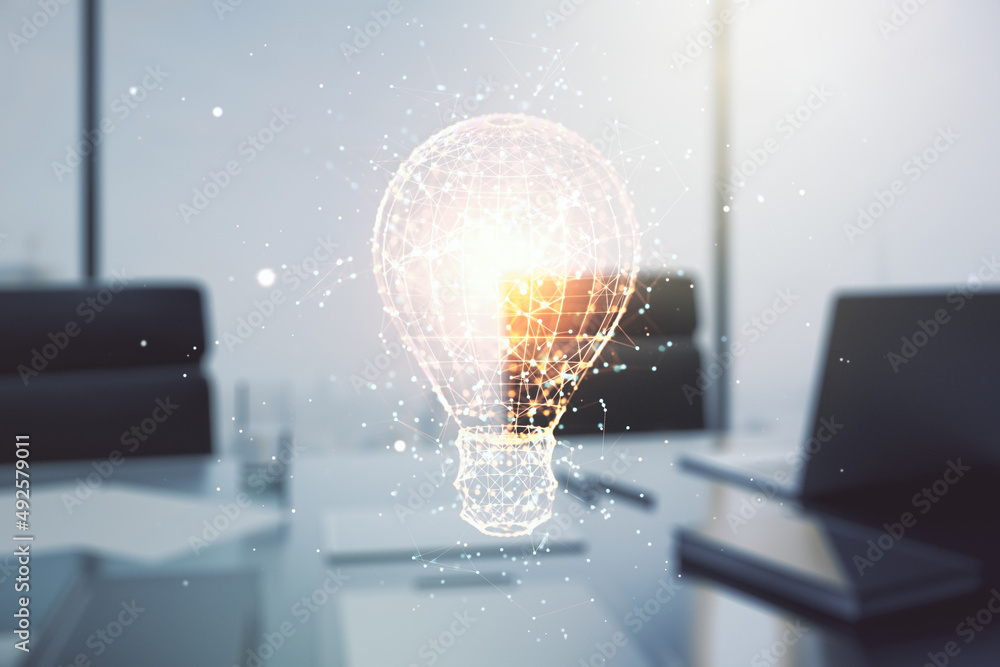 Poster creative idea concept with light bulb illustration and modern desktop with computer on background. m