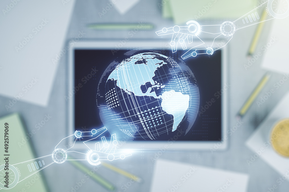 Aufkleber creative concept of robotics technology with globe sketch and modern digital tablet on background, t
