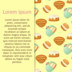 Seamless pattern with traditional swedish sweets. Kanelbulle roll, cinnamon bun, prinsesstarta, semla. Vector illustration in the cartoon style.