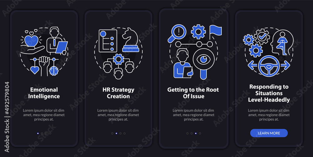 Poster hr soft skills night mode onboarding mobile app screen. hiring work walkthrough 4 steps graphic inst