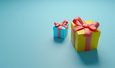 Gift boxes on a blue background with free space for text. mock-up. 3d render