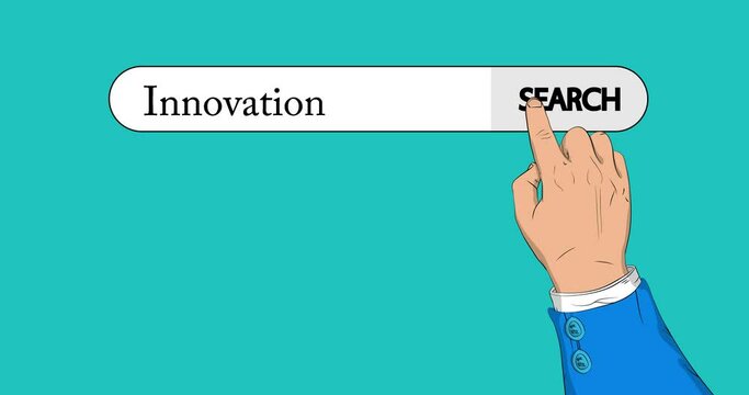 Virtual search bar with the text Innovation. Businessman pushing his right hand index finger to touch a search icon. 4k Comic Book style animation.