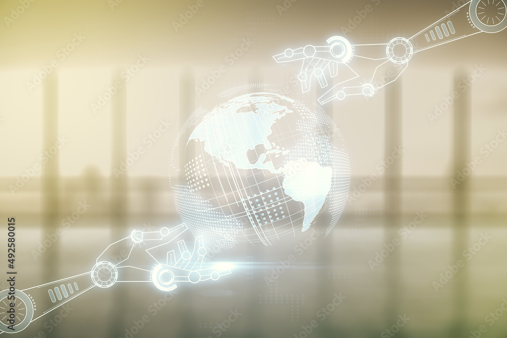 Aufkleber abstract virtual robotics technology hologram with globe sketch on empty corporate office background