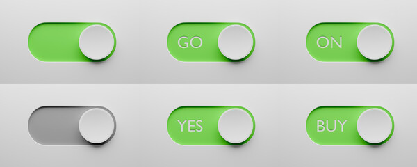  Toggle switch buttons set template. Green switch ON, GO, YES, BUY. Switch design for app or website. 3d render