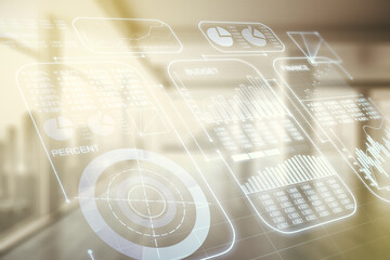 Abstract virtual analytics data spreadsheet on modern interior background, analytics and analysis concept. Multiexposure