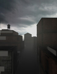 Misty empty alley in an industrial district on a cloudy day. 3D render.