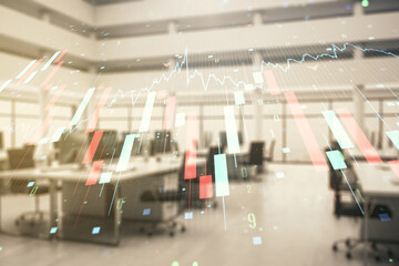 Double exposure of abstract virtual global crisis chart and world map hologram on modern corporate office background. Financial crisis and recession concept