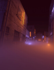 Misty industrial alley with neon lights in the night. 3D render.