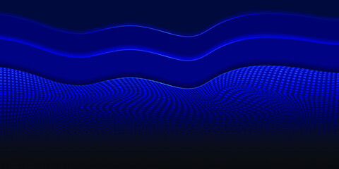 Dark blue abstract background wave polka dots in layers, glowing edges. vector illustration.