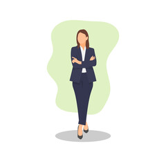 Standing confident business woman simple flat vector character illustration.