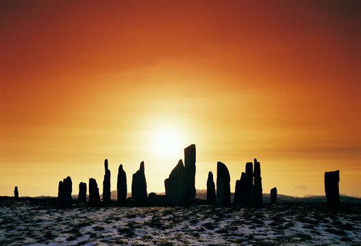 Callanish prehistoric stone circle, Scottish Hebrides island of Lewis, Scotland. Over 5000 years old. Winter. Snow on ground