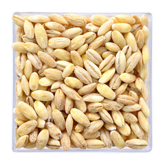 Pearl barley, pearl barley for wheat porridge and garnish. Vegetarianism, proper nutrition. Use for background. close-up, copy space, flat lay, macro photography,