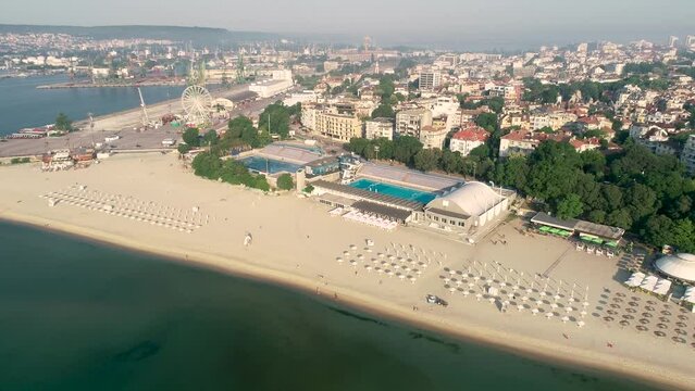 Aerial video of Varna center and the beach. The sea capital of Bulgaria.