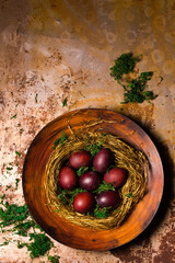 Easter eggs in a nest of straw