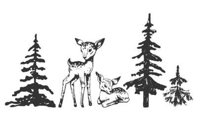 Obraz premium deer, fawn, tree, spruce, pine, deer, fawn, christmas tree, spruce, pine, hand drawing black contour, silhouette new year symbols, forest dwellers, isolated objects