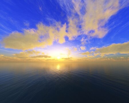 Sea sunset, ocean sunrise, sun over water surface, 3d rendering © ustas
