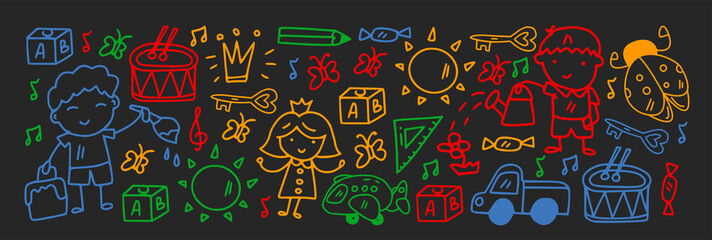 Creativity and imagination. Vector icons with school items.