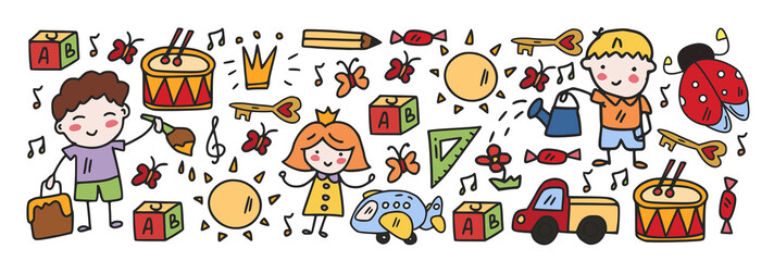 Creativity and imagination. Vector icons with school items.