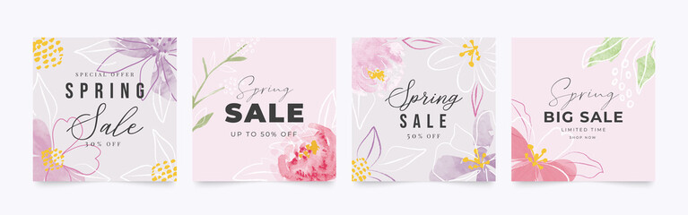 Spring season floral square cover template. Set of banner design with flowers, leaves and branch in line art pattern. Watercolor blossom for social media post, internet, ads, business.