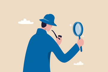 Observation or inspection to find out and discovery useful information, detective or investigate and analyze data concept, smart detective looking through magnifying glass to search for evidence. - obrazy, fototapety, plakaty