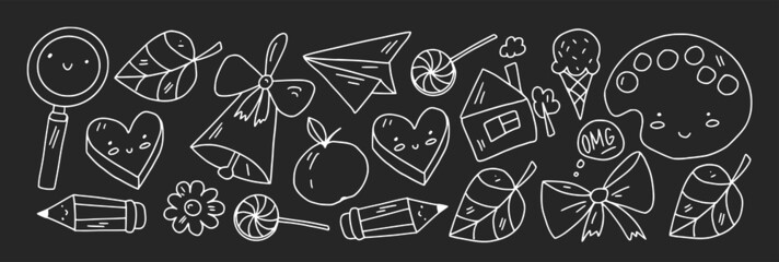 Creativity and imagination. Vector icons with school items.