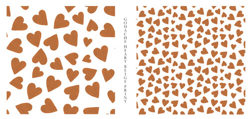 Simple beige heart shape seamless pattern in a diagonal arrangement. Love and romantic theme background.Gouache color. Gouache heart