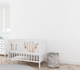 cute nursery room with white empty wall for mockup