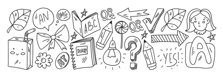 Creativity and imagination. Vector icons with school items.