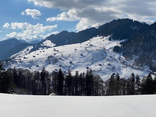 Snow-covered high alpine pastures and rocky peaks of the Alpstein massif in winter attire (Appenzell Alps massif), Unterwasser - Canton of St. Gallen, Switzerland (Schweiz)